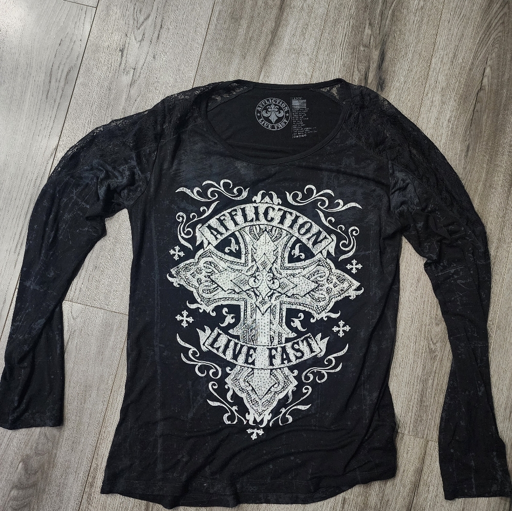 Affliction Womens Shirt Rhinestone Crystal Bling Lace Sexy Y2k Fleur De Lis